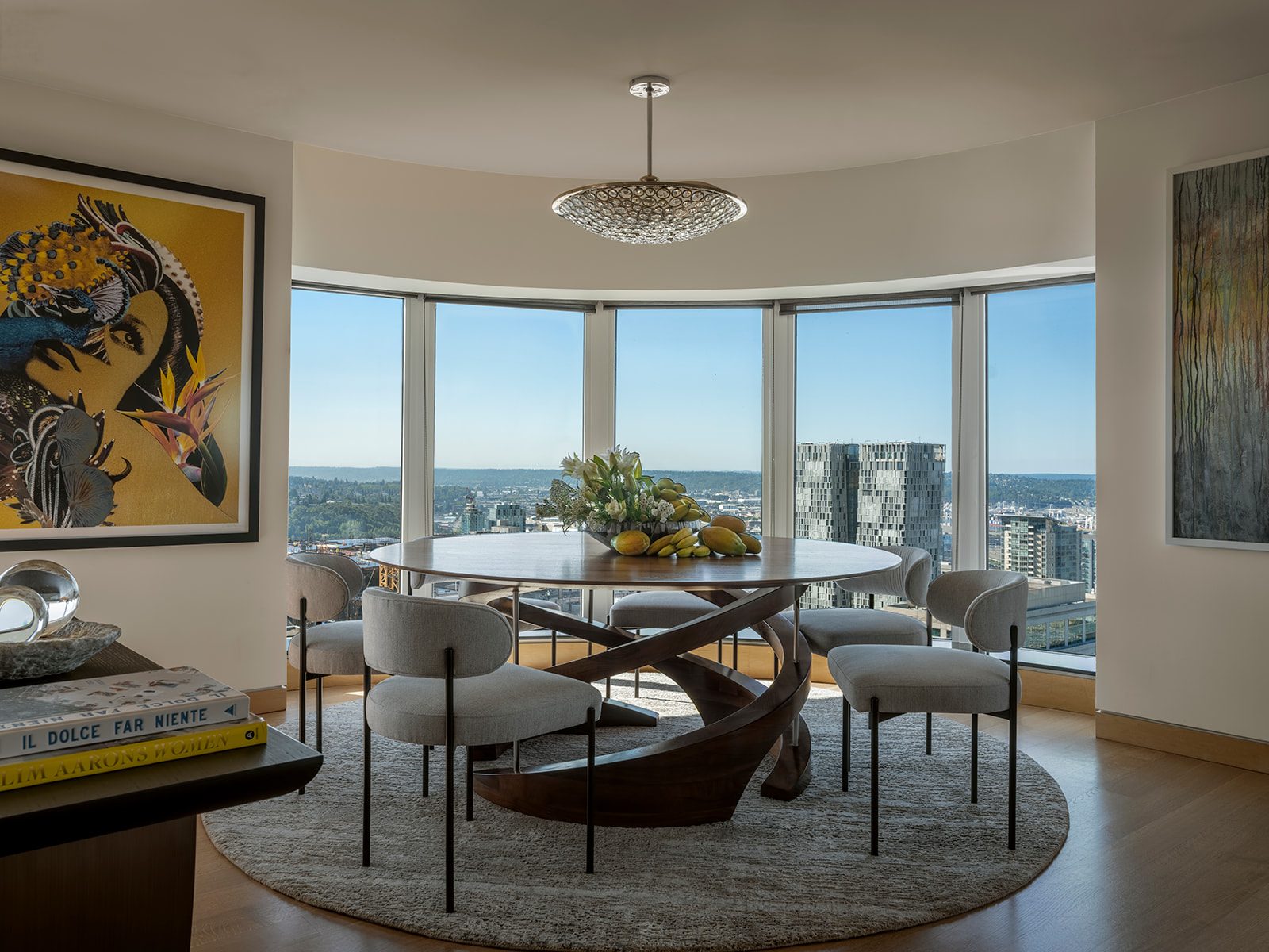 Dining area with modern furnishings and curated lighting, First Hill Penthouse — First Hill, Seattle