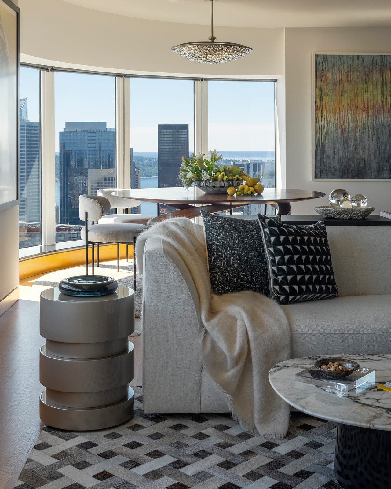 Curated living space with layered materials, First Hill Penthouse — First Hill, Seattle