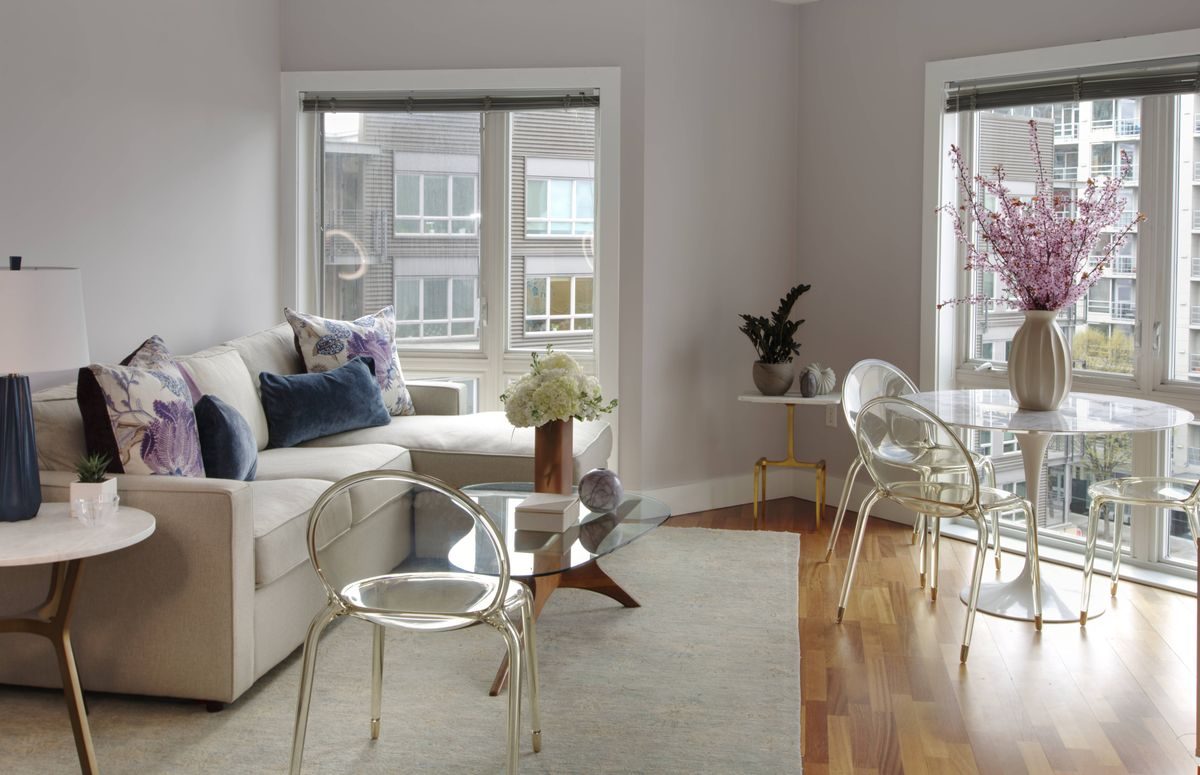 Modern open-plan living and dining room — Belltown Residence, Belltown, Seattle — Andeva Designs